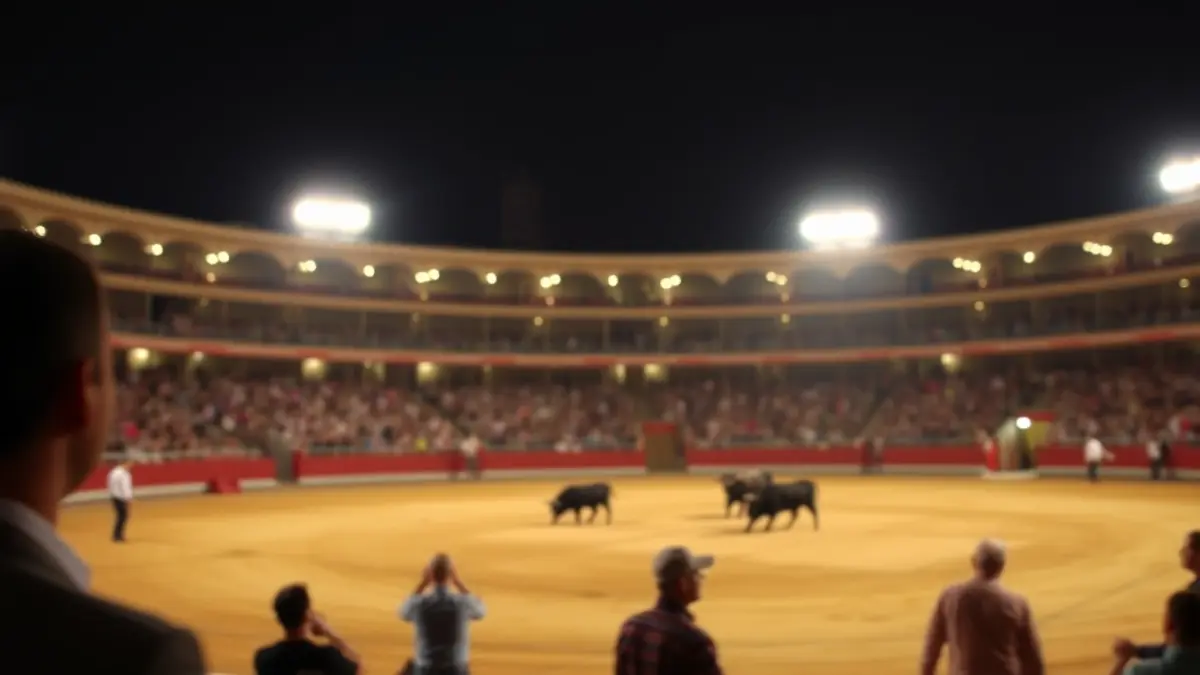 Generic image of a bullring at night, with warm lights and blurred figures in the background.