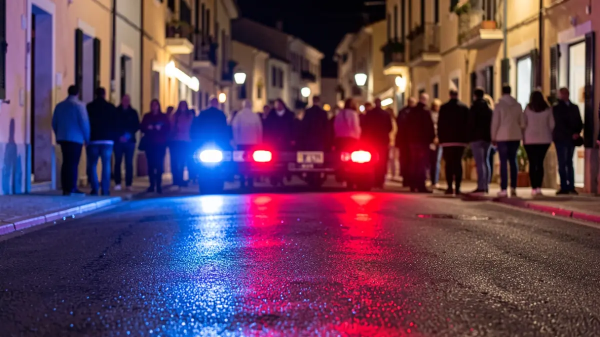 Generic image of police emergency lights reflecting on asphalt at night.
