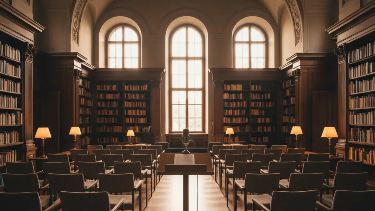 Generic image of a library with wooden bookshelves, a microphone on a podium, and empty chairs, with warm lighting.
