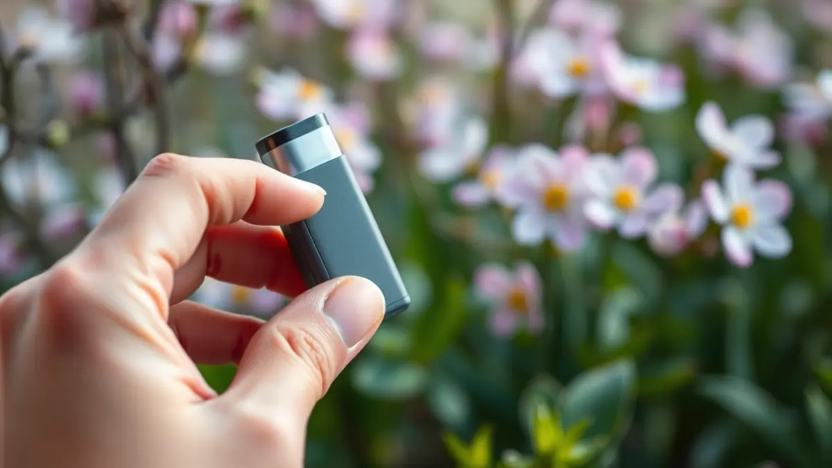 Imatge genèrica d'una mà sostenint un inhalador, amb flors de primavera desenfocades al fons.