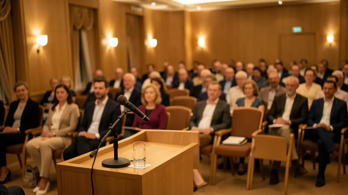 Imatge genèrica d'un faristol amb micròfon en una sala de reunions.