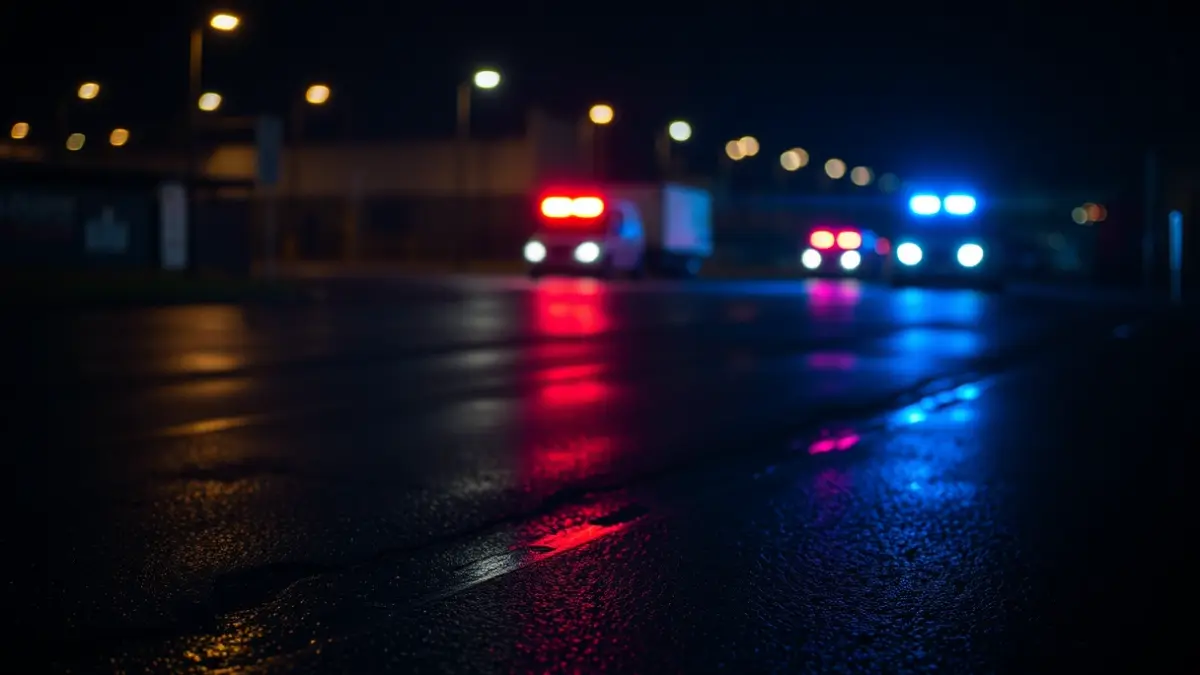 Imatge genèrica de llums d'emergència reflectint-se en l'asfalt de nit, en una zona industrial.