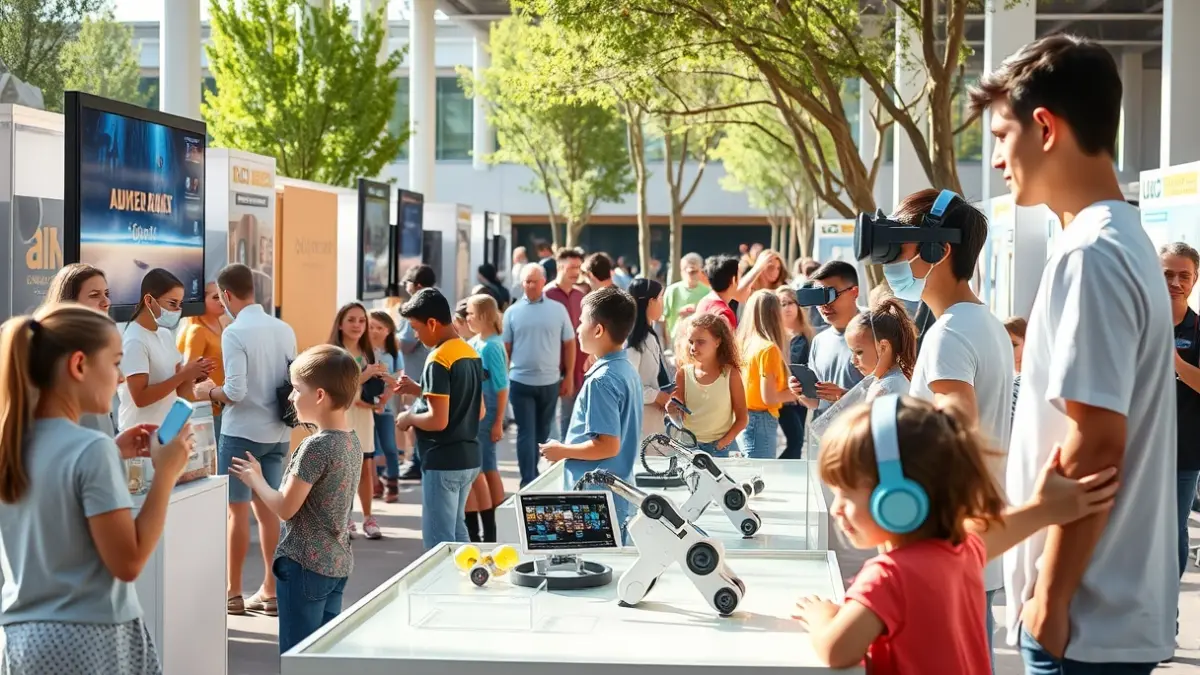 Imatge d'una fira de ciència amb xiquets i famílies interactuant amb exposicions de realitat augmentada i robòtica en un parc científic universitari.