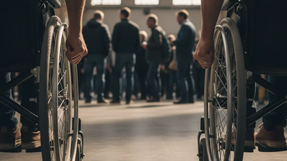 Imatge d'unes mans en cadira de rodes superant un obstacle, en una exposició sobre inclusió.