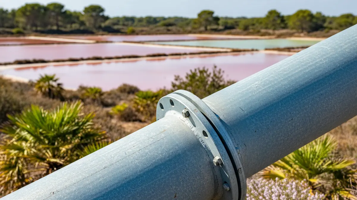 Imagen de una sección de tubería de agua de hierro dúctil moderna, con un fondo borroso de un paisaje de parque natural con lagunas salinas y vegetación mediterránea.