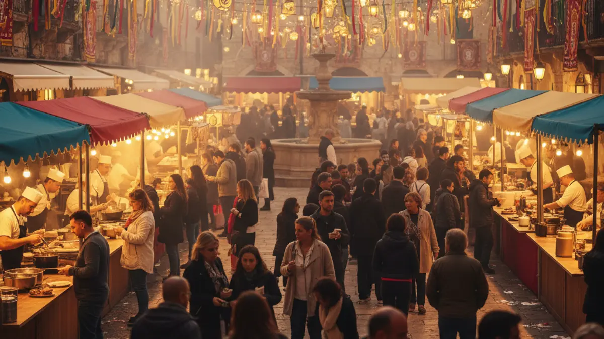 Generic image of a gastronomic and commercial fair in a Mediterranean square, with people and stalls.