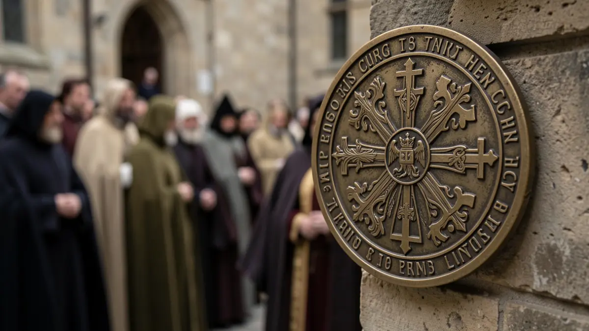 Imagen genérica de un emblema de cofradía religiosa con un toque de solemnidad y sombra legal.