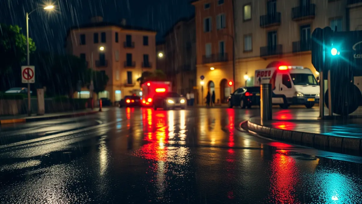 Imagen genérica de luces de emergencia reflejándose en asfalto mojado por la lluvia en una ciudad mediterránea.
