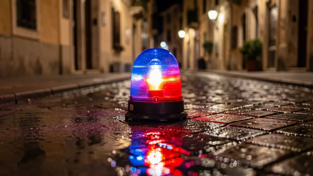 Imagen genérica de luces de emergencia policiales reflejadas en el asfalto durante la noche.