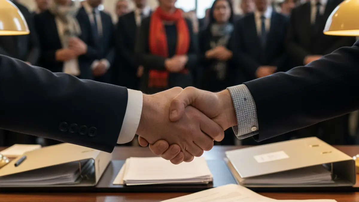 Generic image of two hands shaking over paperwork, symbolizing agreement or collaboration.