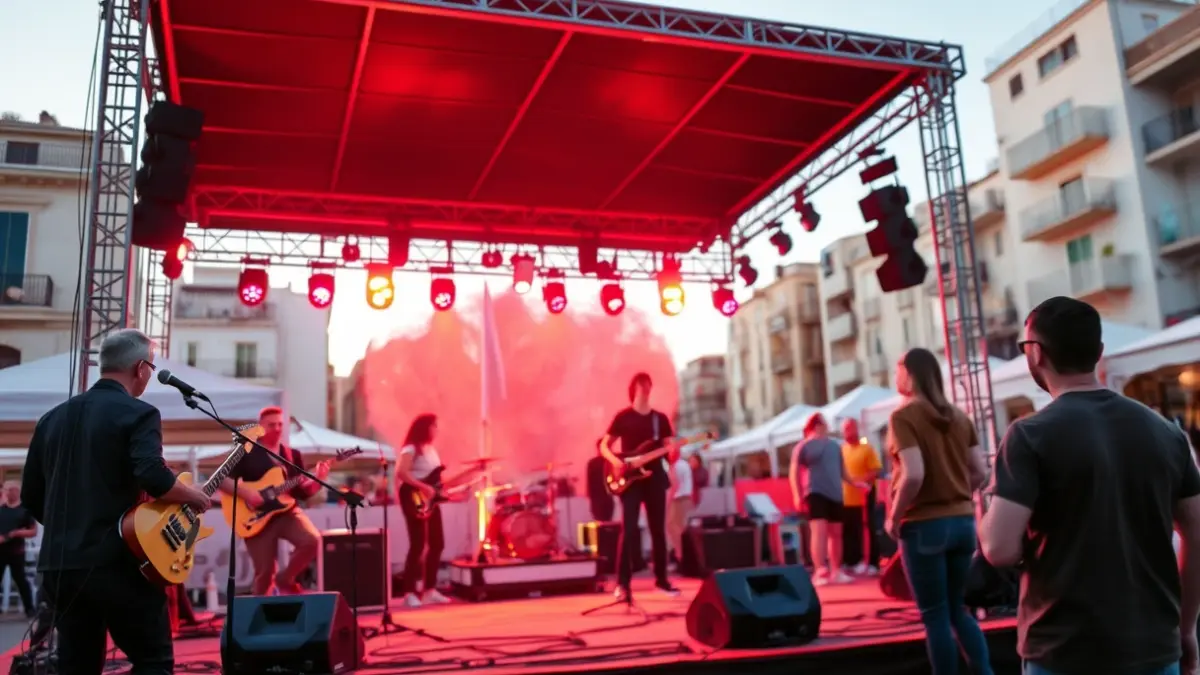 Image of an outdoor stage with musical instruments and young people performing, under warm lights in a Mediterranean city.