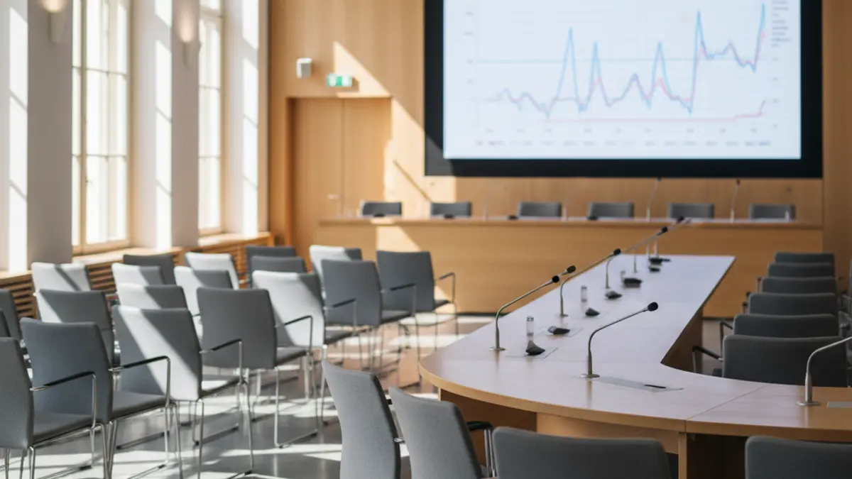 Imagen genérica de una sala de conferencias vacía con un podio y una pantalla, sugiriendo un simposio médico.