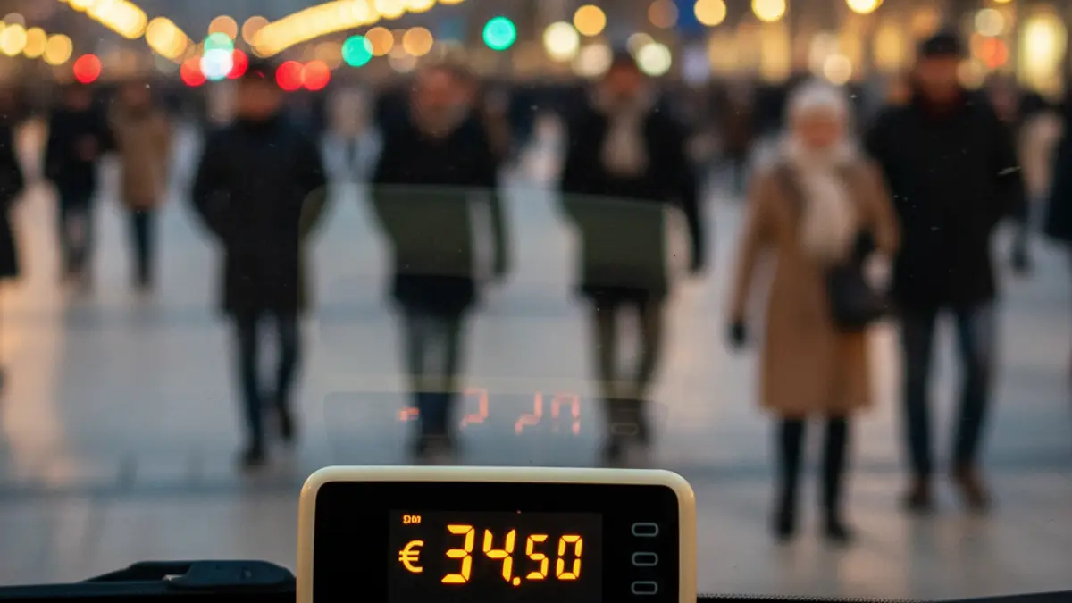 Imagen genérica de un taxímetro en un taxi, con luces de ciudad desenfocadas al fondo.