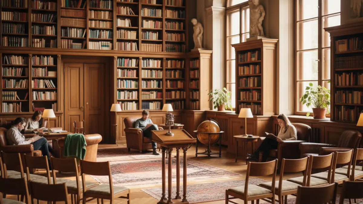 Imatge genèrica d'una biblioteca amb prestatgeries de fusta i un ambient acollidor de lectura.