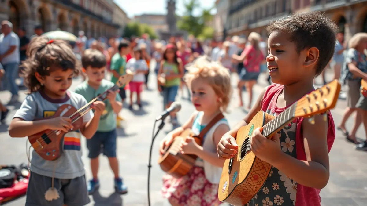Image of a group of children playing musical instruments made from everyday objects in a plaza, with people in the background.