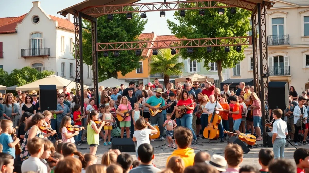 Imatge d'un escenari a l'aire lliure amb xiquets i docents tocant instruments musicals fets amb objectes quotidians, en un ambient festiu i amb llum de vesprada.