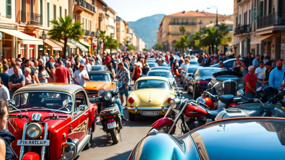 Imagen de una feria del motor en una ciudad mediterránea, con coches y motos expuestos y gente paseando.