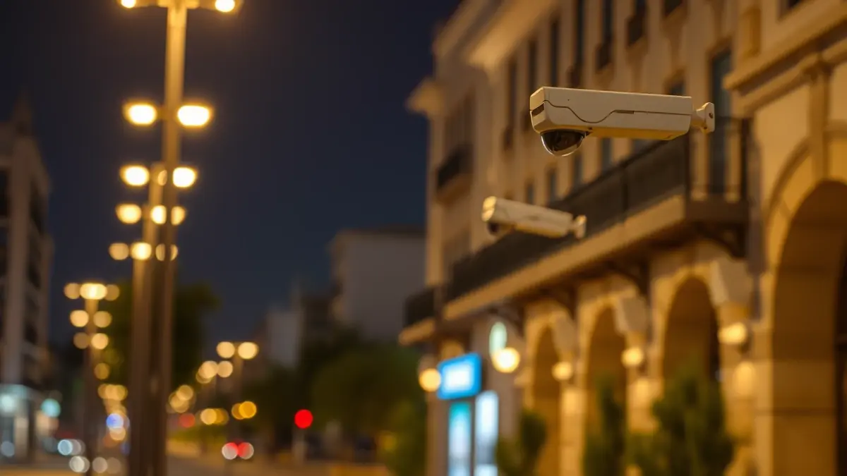 Generic image of a modern city at night with surveillance cameras, suggesting advanced urban security.