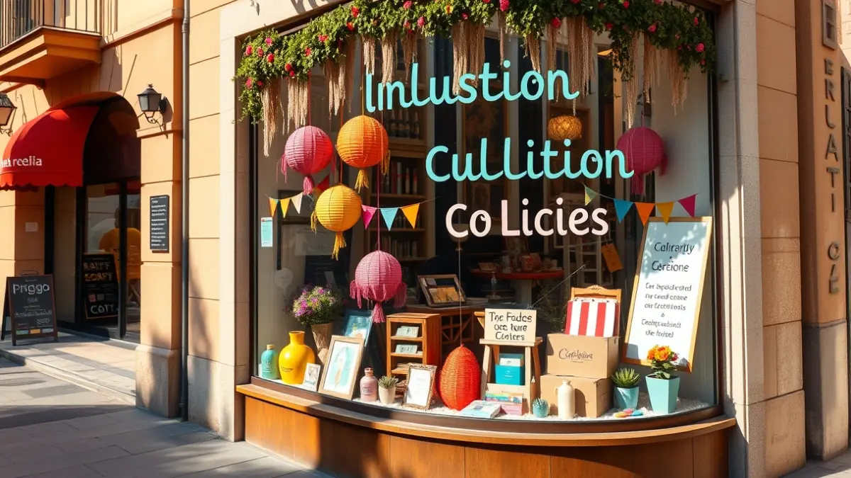 Imagen de un escaparate decorado con motivos de diversidad e inclusión en una calle de ciudad mediterránea.