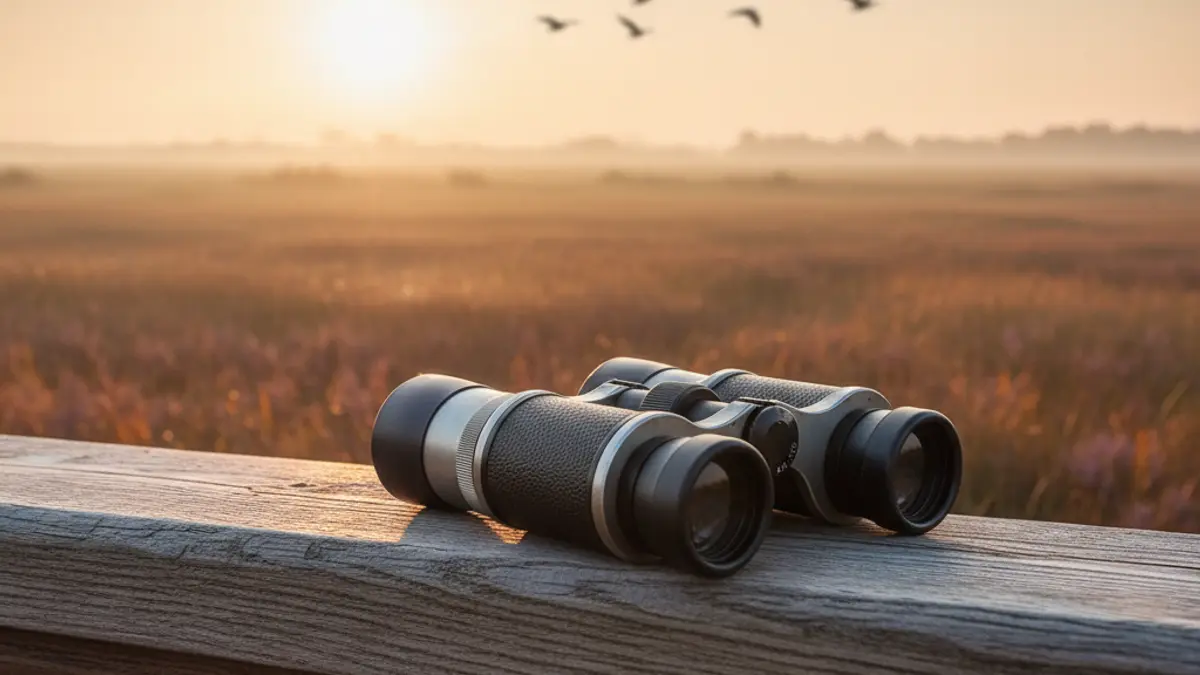 Imagen genérica de unos prismáticos en un mirador, con un humedal de fondo, para la observación de aves.