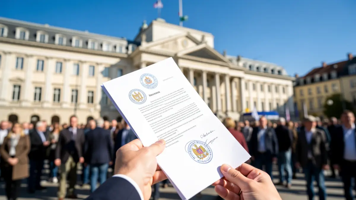 Generic image of official documents and a town hall facade.