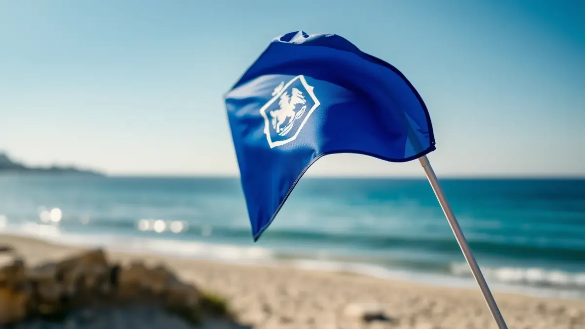 Generic image of a Blue Flag waving on a beach in the Valencian Community.