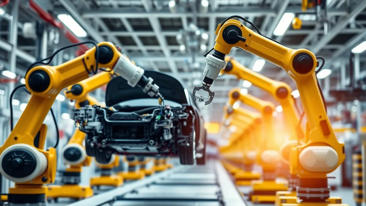 Imatge genèrica d'una fàbrica moderna d'automòbils amb braços robòtics muntant peces de cotxes.