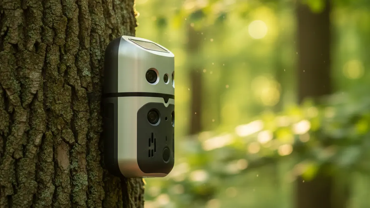 Image of a modern sensor installed on a tree in a dense forest, with blurred green foliage in the background, indicating early fire detection technology.