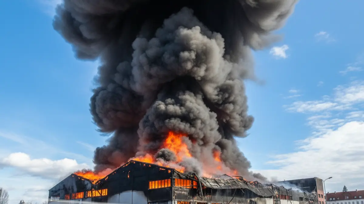 Image of an industrial fire with thick smoke and flames, no identifiable people or vehicles.