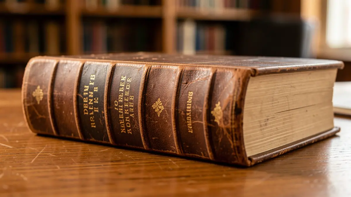 Image of an old book open on a wooden table, with warm light.