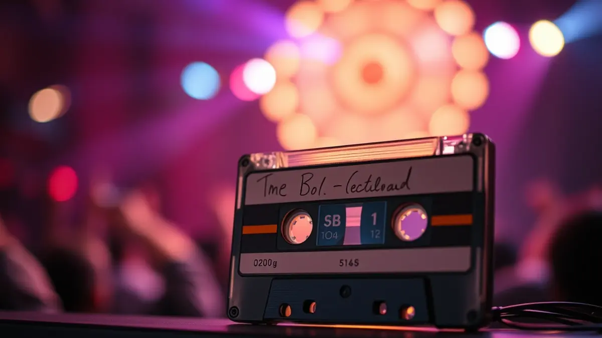 Imagen genérica de una cinta de casete antigua, con luces de concierto borrosas y una atmósfera nostálgica de los años 80.