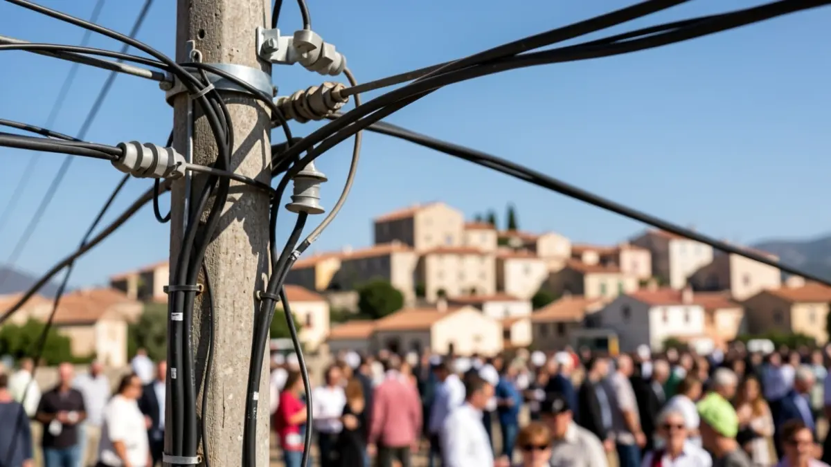 Generic image of electrical cables on a pole with a Mediterranean town in the background.