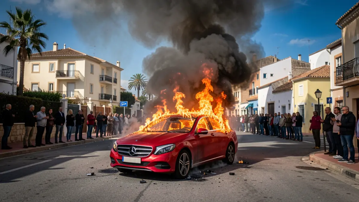 Imatge d'un vehicle en flames en una zona urbana de Calp.