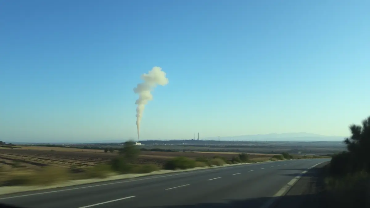 Generic image of a grey smoke column rising over an industrial area, with a road in the foreground and a Mediterranean landscape.