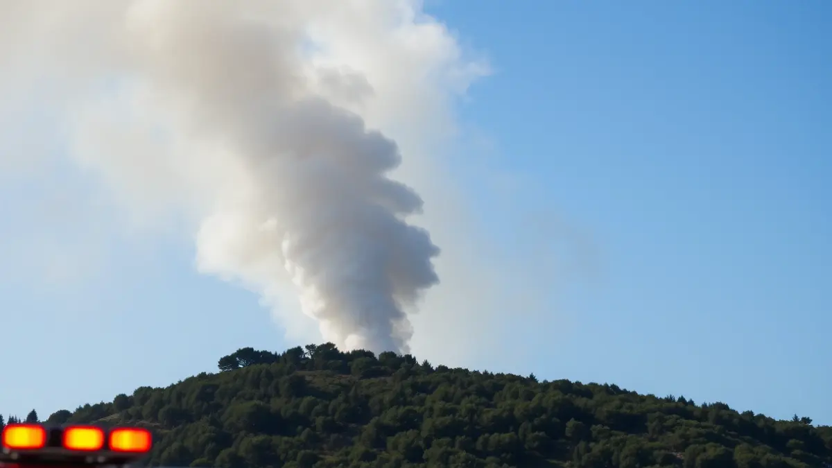 Imatge genèrica d'una columna de fum gris elevant-se sobre un paisatge mediterrani, amb llums d'emergència borroses en primer pla.