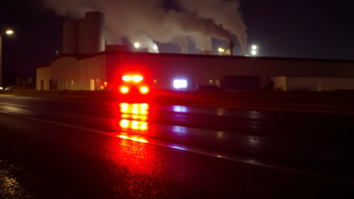 Imagen genérica de luces de emergencia reflejándose en el asfalto mojado, con un edificio industrial borroso al fondo y humo ligeramente visible.