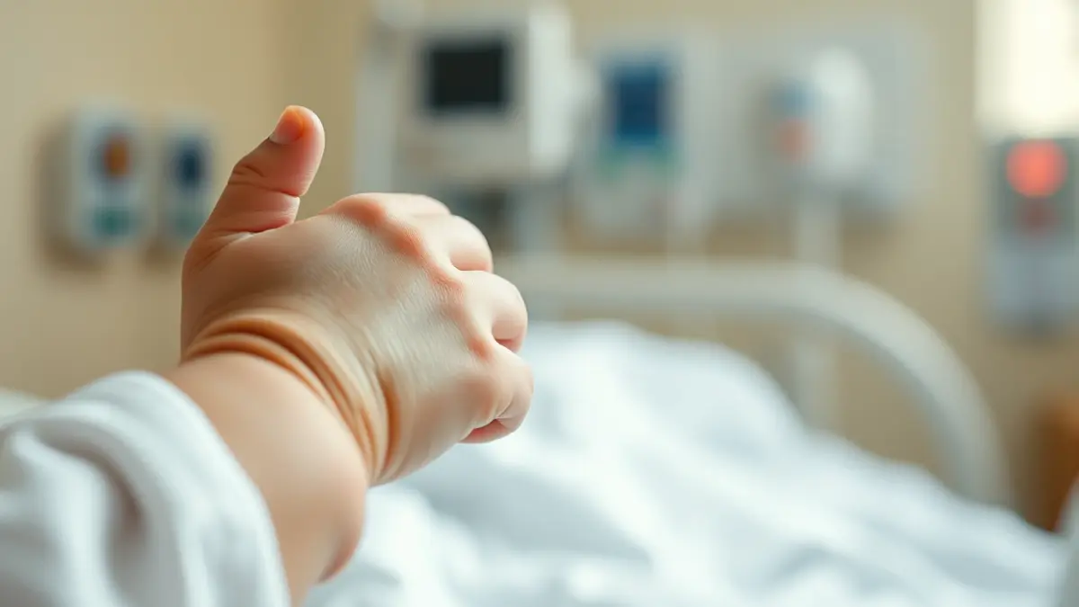 Imatge d'una mà de bebé agarrant el dit d'un adult en un entorn hospitalari, simbolitzant cura i vulnerabilitat.