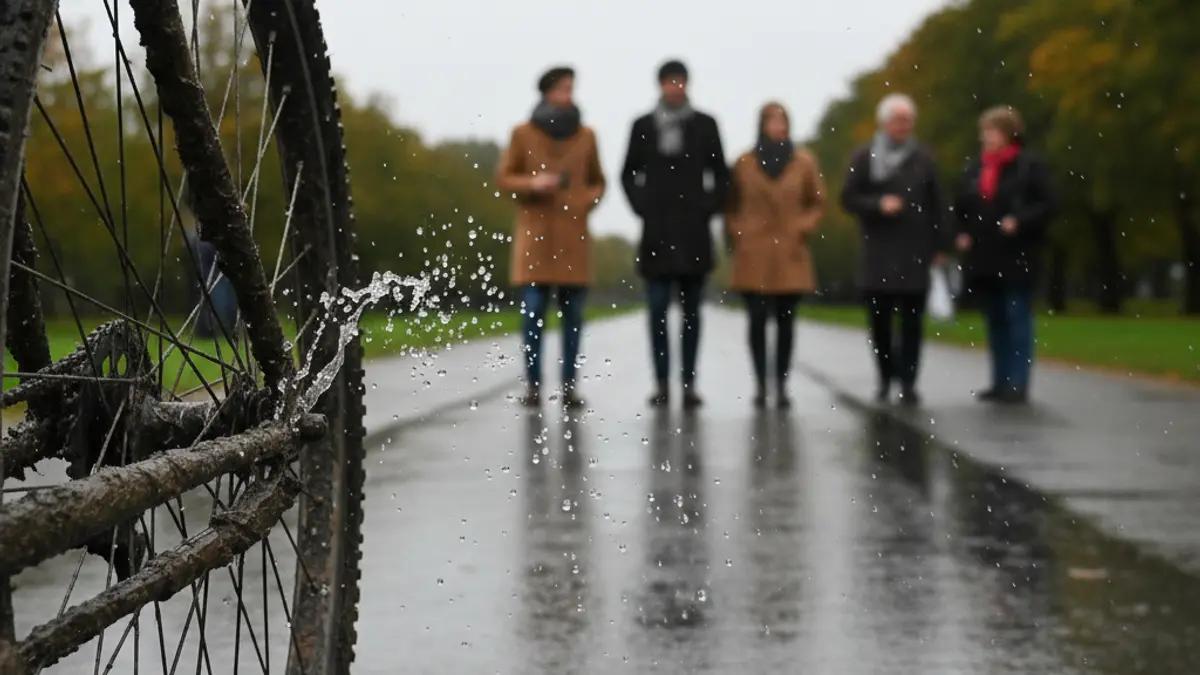 Generic image of a bicycle wheel with mud and water splashes on a wet road, with blurred green trees in the background and an overcast sky.