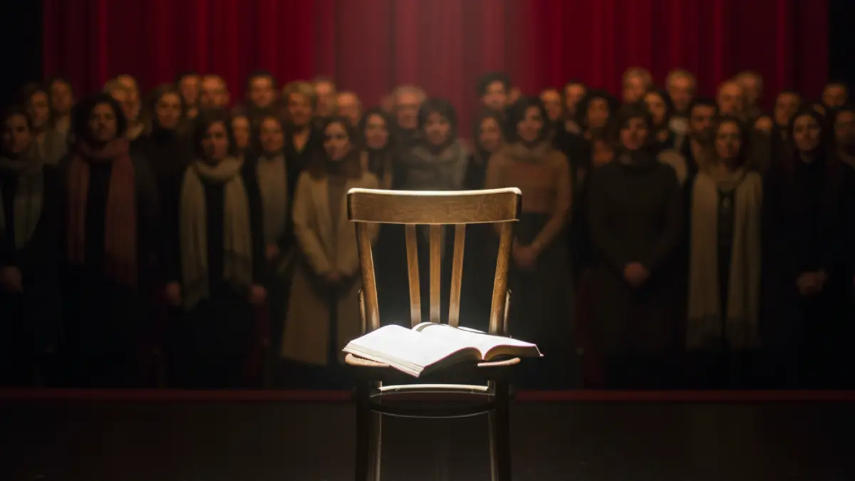Imagen genérica de un escenario de teatro con una silla y un guion, iluminado por un foco.