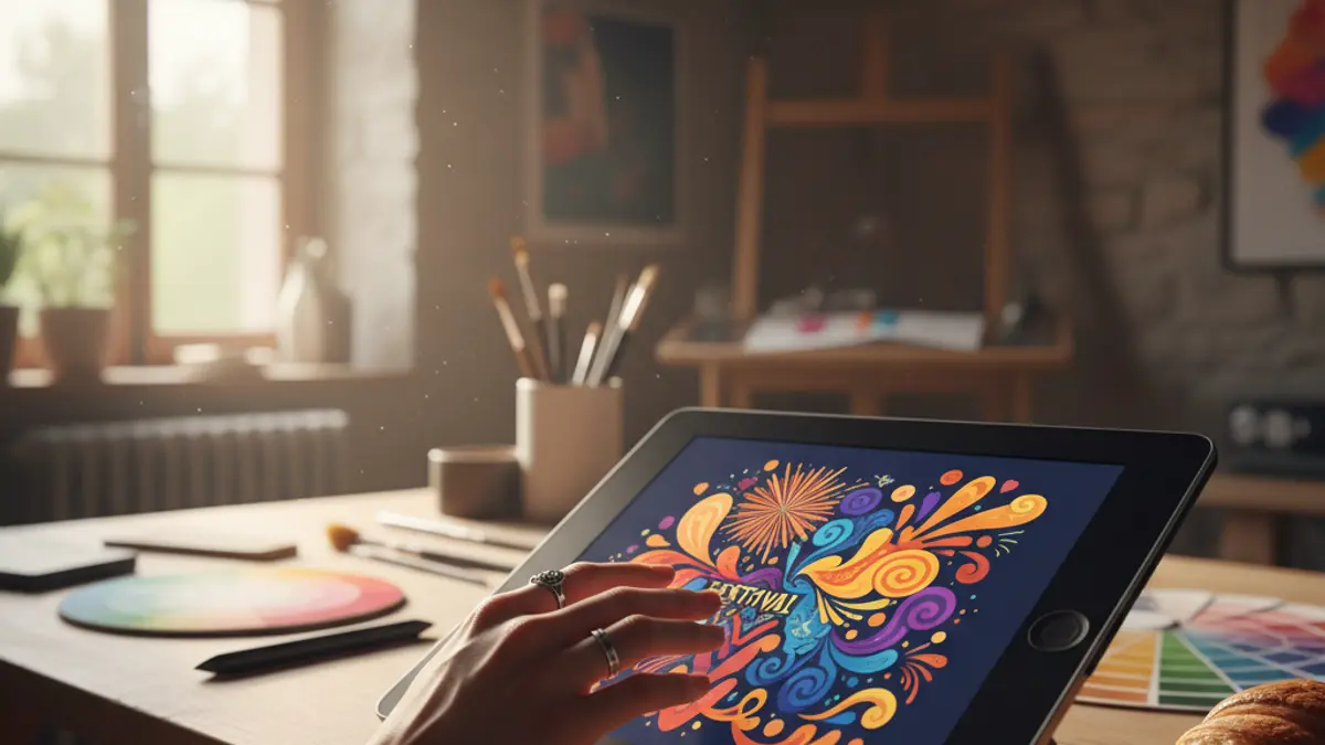 Image of a hand designing a festival poster on a graphic tablet, with design tools around.