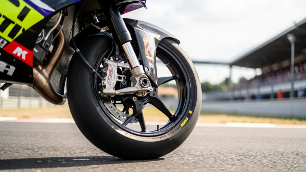 Generic image of a MotoGP motorcycle wheel on a circuit.