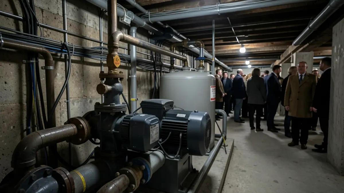 Generic image of water pumping systems in a basement.