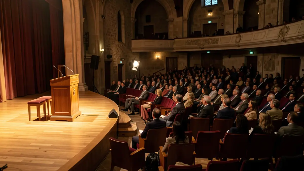 Imatge genèrica d'un auditori buit amb il·luminació càlida.