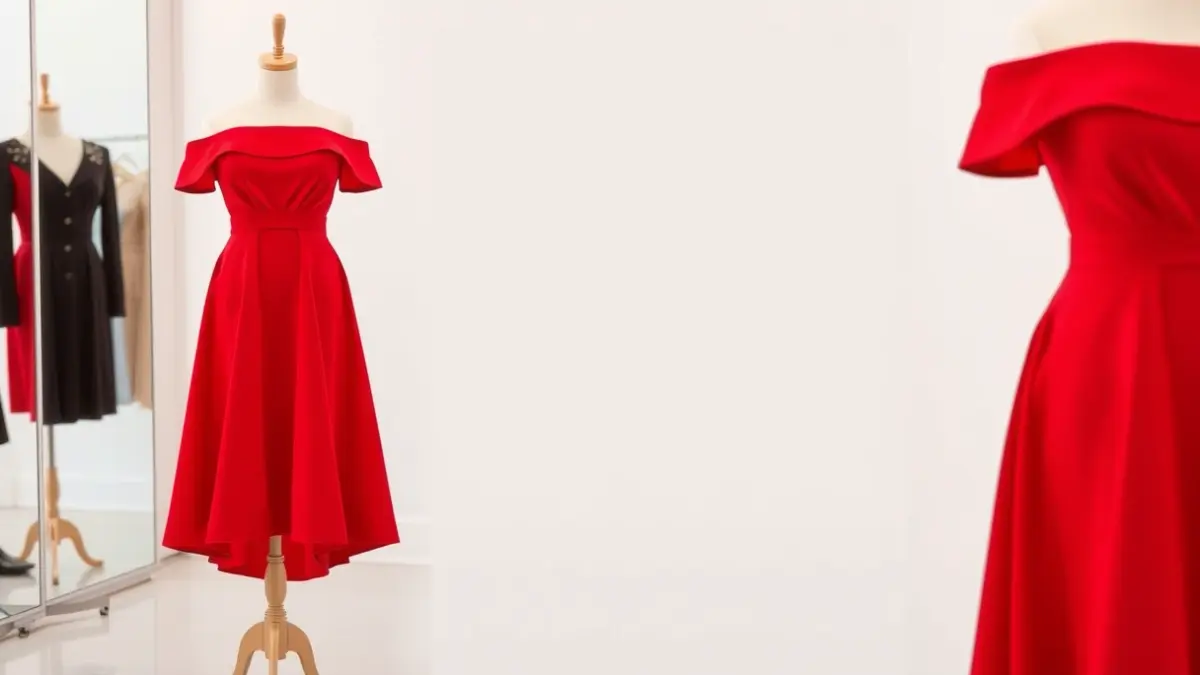 Imatge d'un vestit roig de tall midi amb un muscle descobert i sabates de tacó nude.