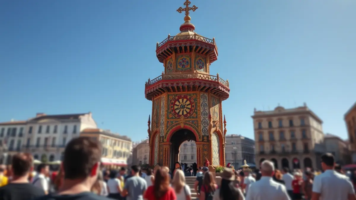 Image of a Saint John's bonfire in Alicante, with artistic details and vibrant colors, under a blue sky and with people in the background.