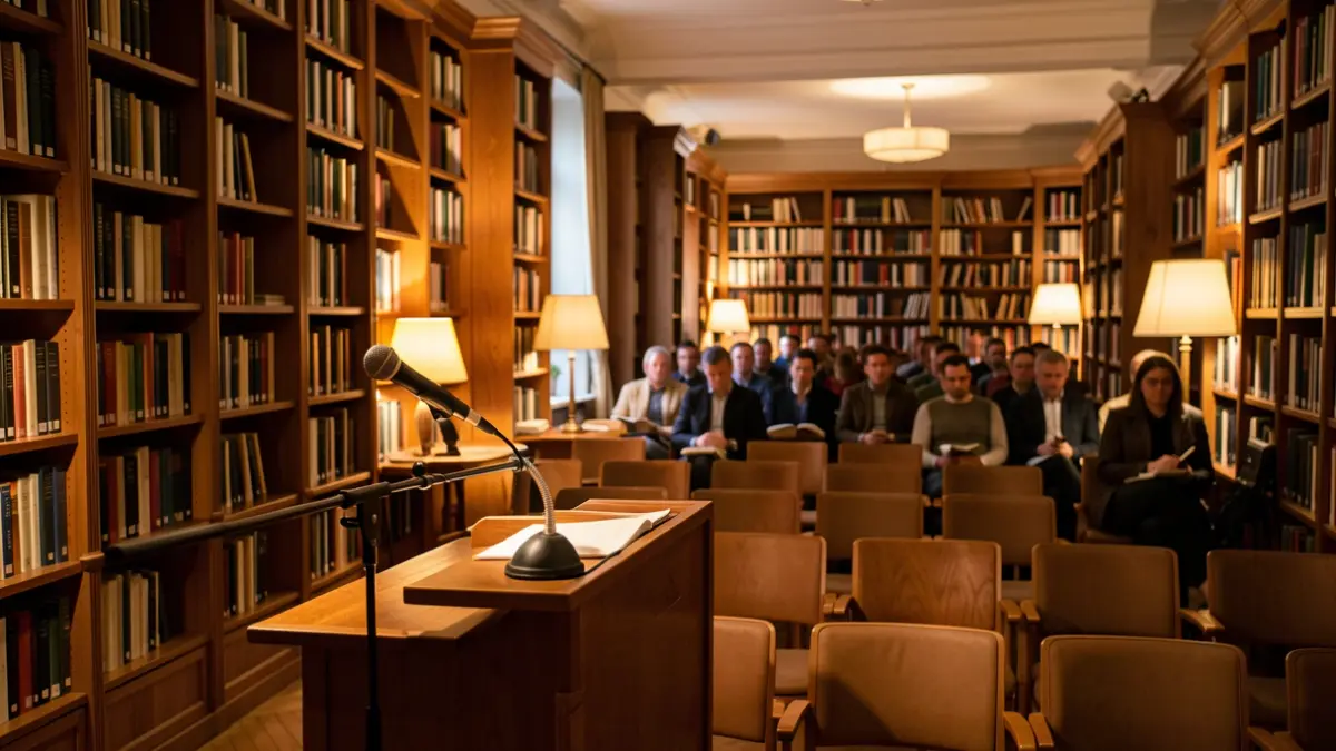 Imatge genèrica d'una biblioteca amb un faristol i micròfon preparada per a una presentació literària.