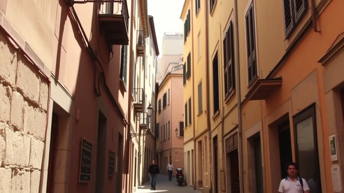 Imagen de una calle estrecha e histórica en una ciudad mediterránea, con arquitectura tradicional y luz solar cálida.