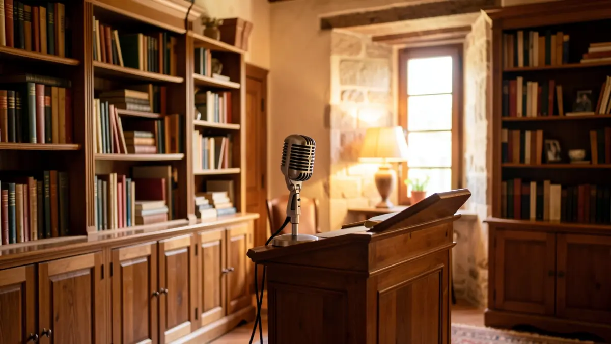 Image of a library interior with wooden bookshelves and a microphone, cultural atmosphere.