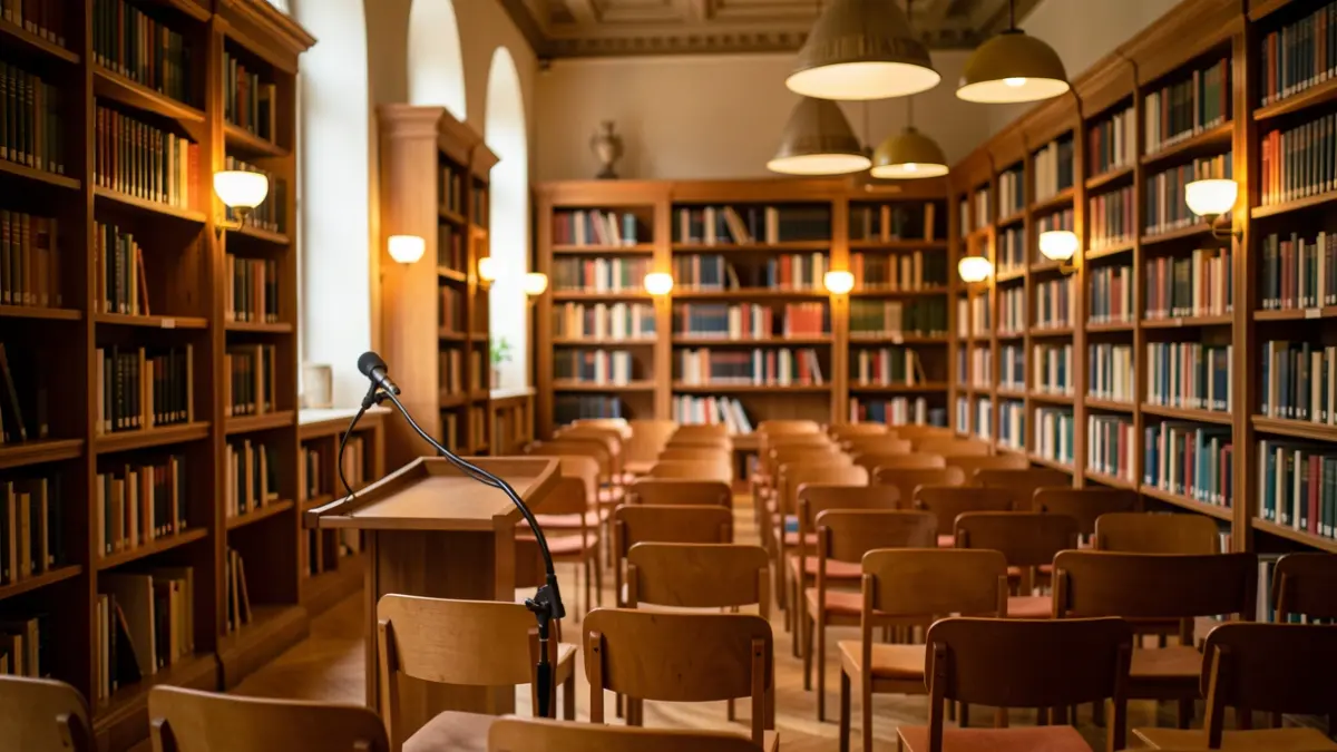Imatge genèrica d'una sala d'actes acadèmica amb il·luminació càlida.