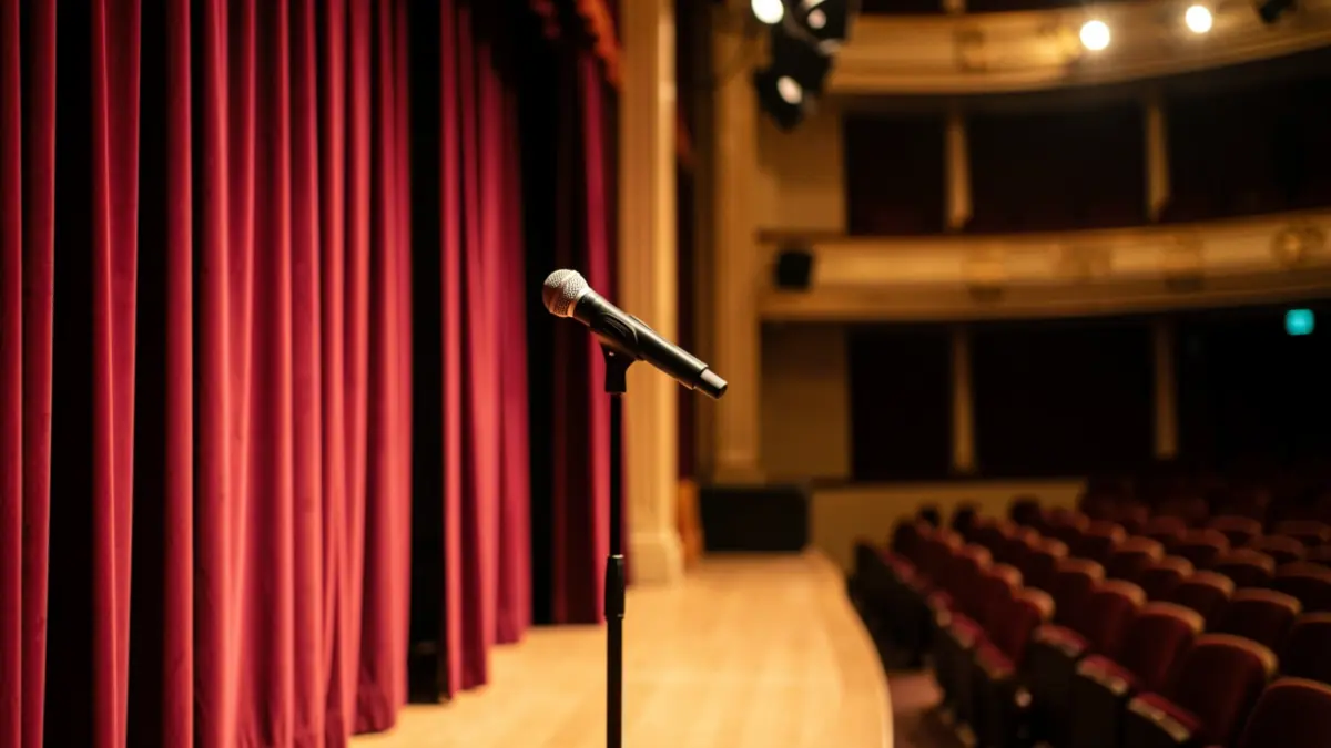 Imatge d'un escenari de teatre amb cortines de vellut i il·luminació professional.